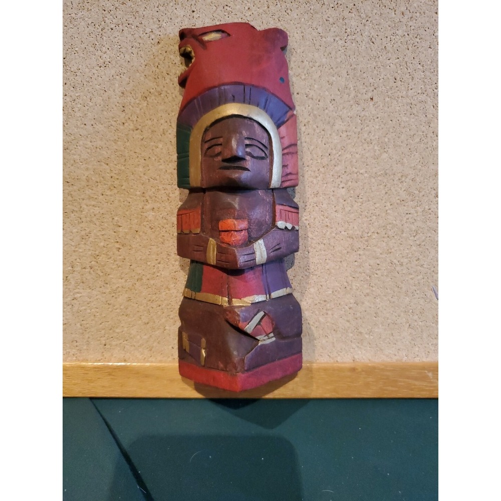 Hand Carved Wood Mayan Aztec Warrior Statue OS Jaguar Headdress Multi